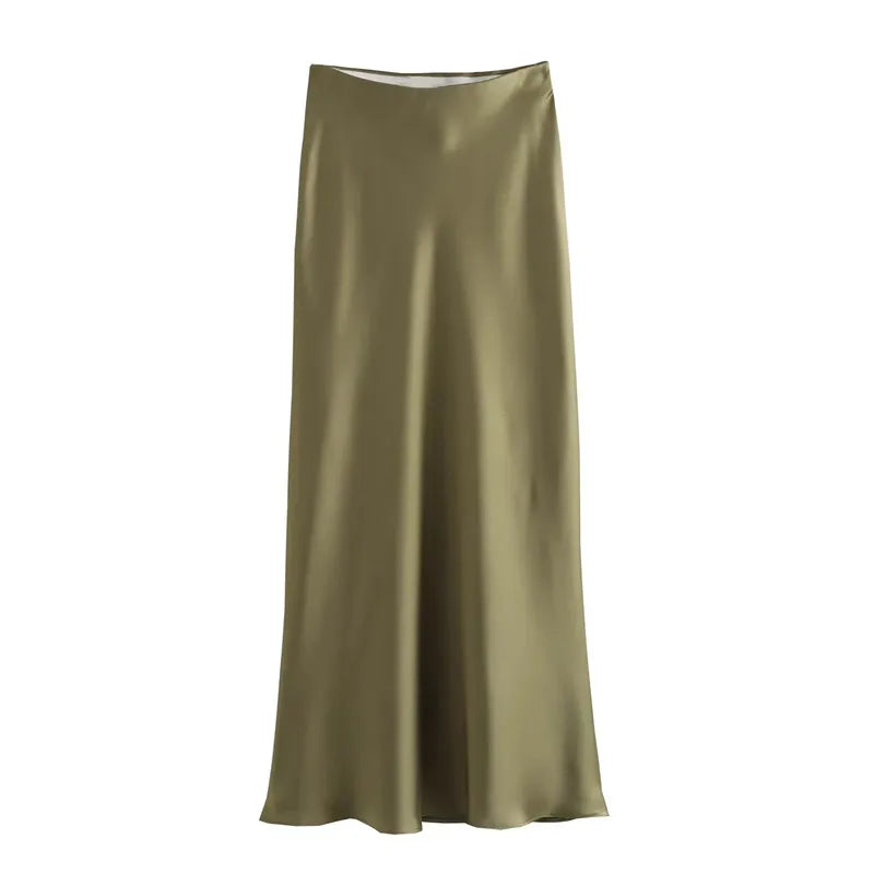 TRAF Woman 2024 Satin Skirt High Waist Long Skirts Summer Black Midi Skirt Office Elegant Skirts