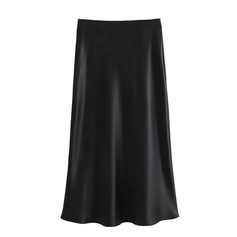 TRAF Woman 2024 Satin Skirt High Waist Long Skirts Summer Black Midi Skirt Office Elegant Skirts