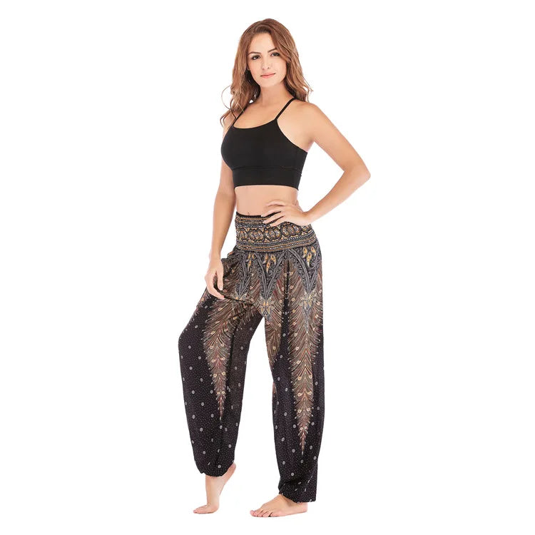 Women Yoga Boho Pants Leggings Floral Printing With Pocket Harem Bohemian High Waist  elastic waistband and ankle strapping