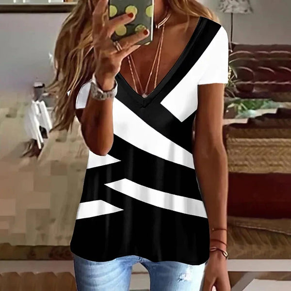 Summer Women T Shirt Stripes Print Gradient Clothing V Neck Short Sleeve Basic Tops Streetwear Fashion Oversized Girls T-shirts