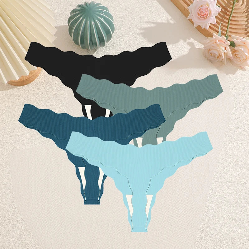 FINETOO 4Pcs Women's Sexy Panties Ice Silk Satin Seamless Thongs Fashion Seamless Panties Sexy Lingerie Lady Wavy Edge G-Strings