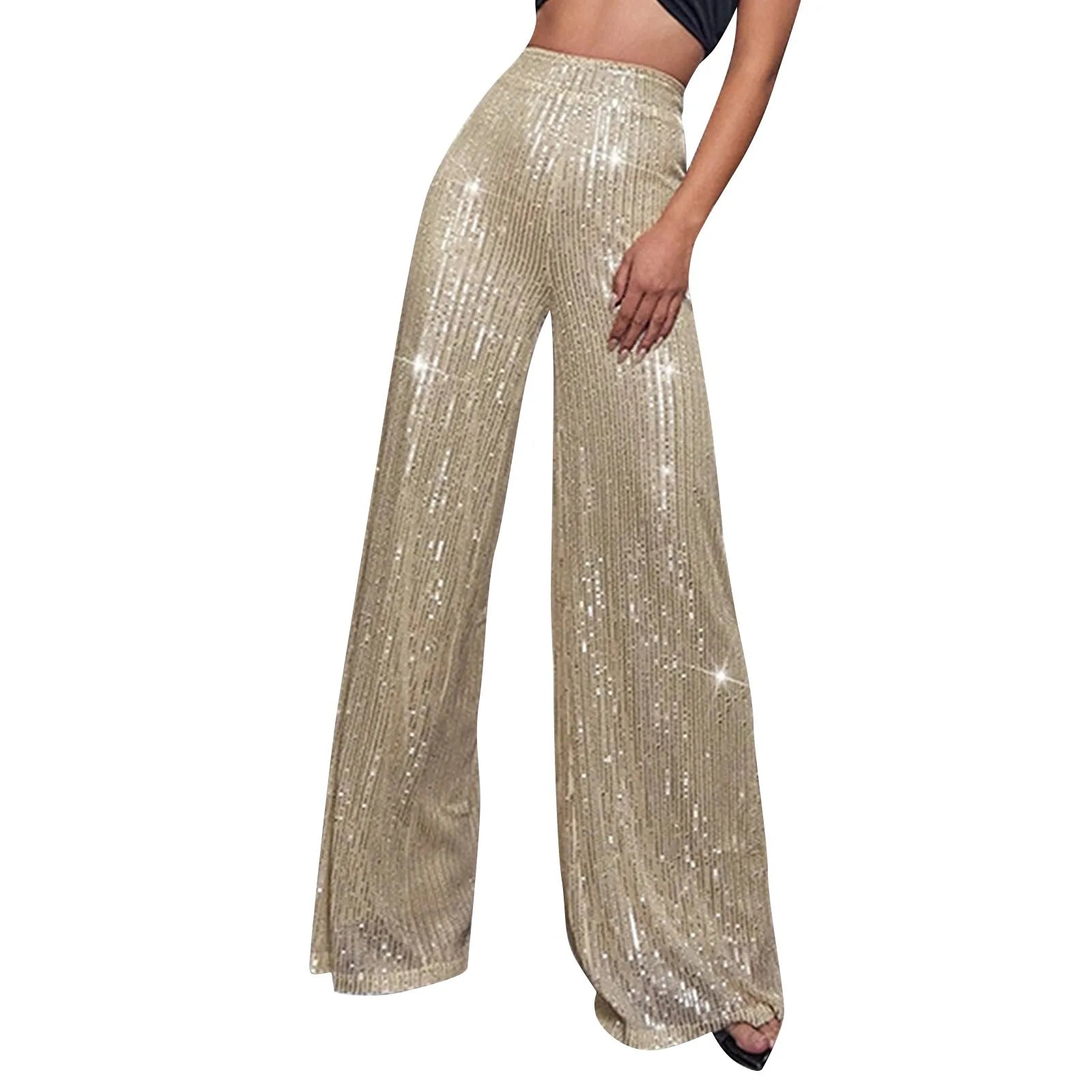 Women's Fashion Solid Color High Waist Sequin Side Zipper Draped Wide Leg Pants Pants for Women Women’s Pants Women’s Pants 2024