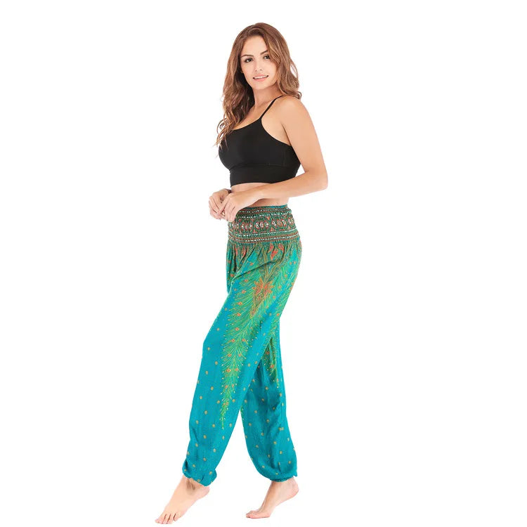 Women Yoga Boho Pants Leggings Floral Printing With Pocket Harem Bohemian High Waist  elastic waistband and ankle strapping