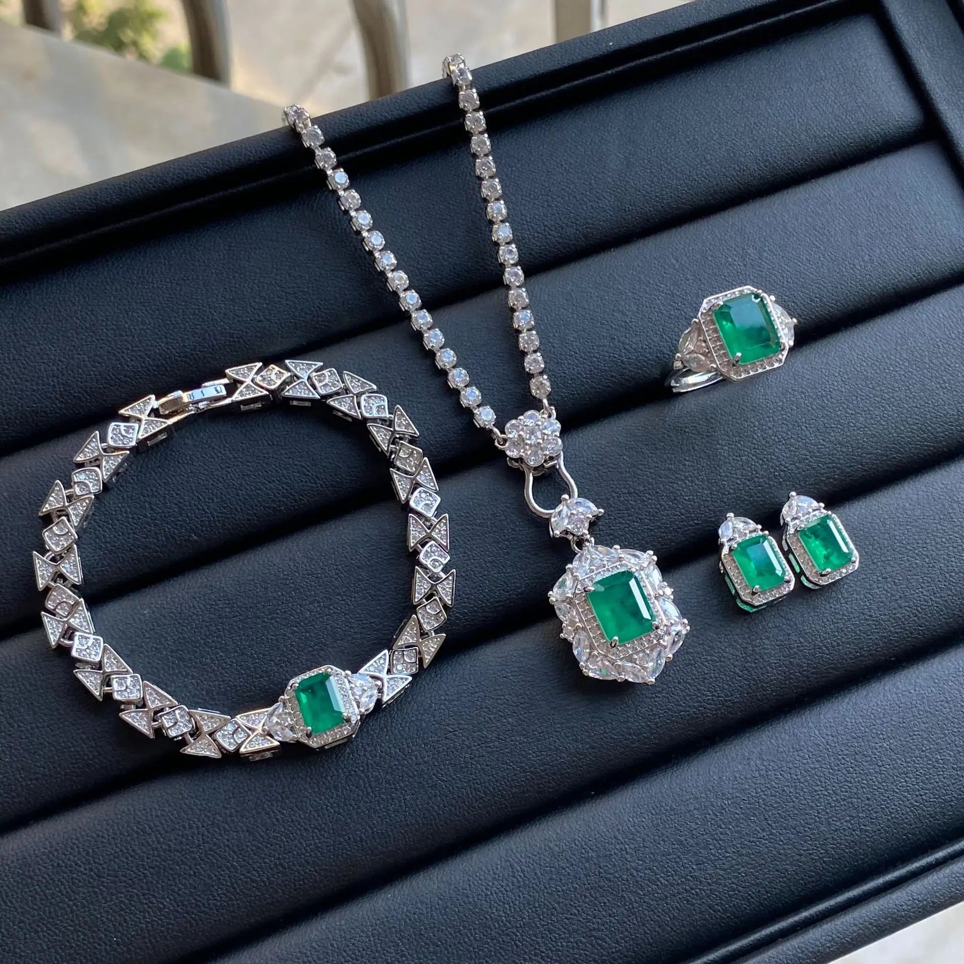 Simulation Emerald Tourmaline Full Diamond Luxury Princess Set – Ring, Pendant, Earrings, and Bracelet