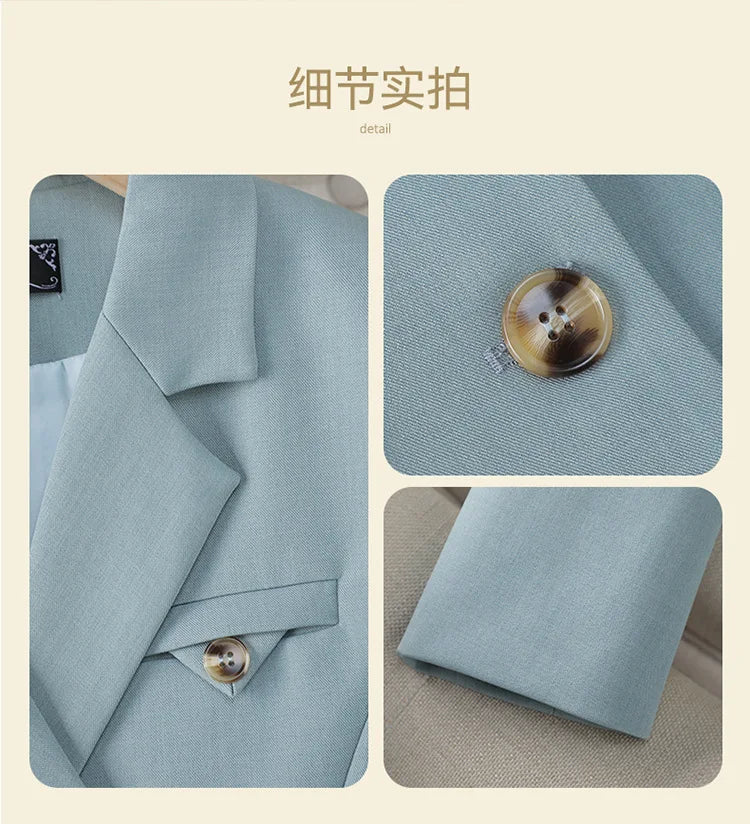 Solid Suits for Women 2024 Spring Fashion Office Ladies Long Sleeve Double Breasted Short Tops Chic Slim High Waisted Pant Suits