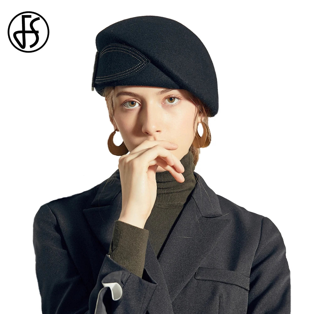 FS Vintage Women's British Wool Felt Cloche Hat – Wide Brim Fedora with Bow for 2024 Winter