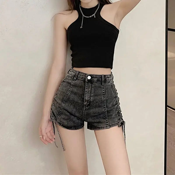 Sexy Skinny Women's High Waist Denim Shorts Fashion Clothing 2025 Streetwear Summer Drawstring Lace-up Female Short Jeans Pants
