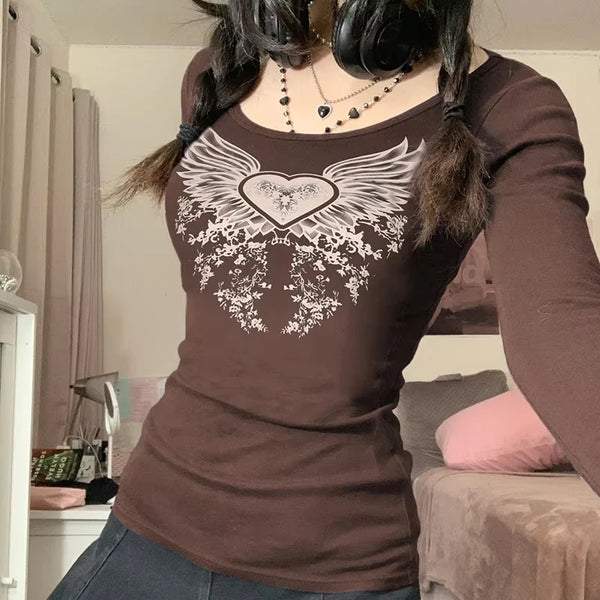 Rhinestone Graphic Print T-shirt Retro Harajuku Fairycore Grunge Slim Fit Pullovers Tees y2k Aesthetic Vintage Gothic Tos Women