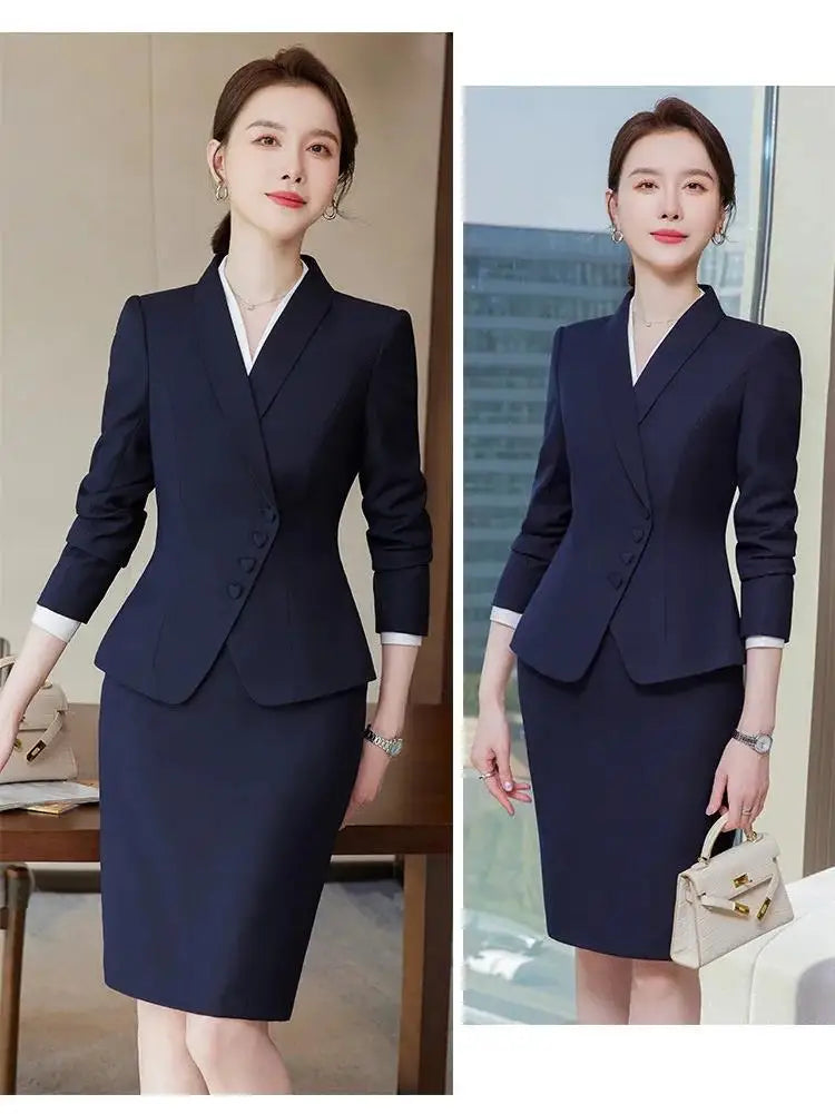 Office Business Women's Suit Pants Two-piece Set 2024 New Spring Autumn Long Sleeve Heart Button Jacket Slim Trousers Skirts
