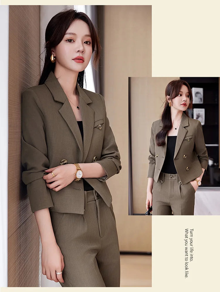 Solid Suits for Women 2024 Spring Fashion Office Ladies Long Sleeve Double Breasted Short Tops Chic Slim High Waisted Pant Suits