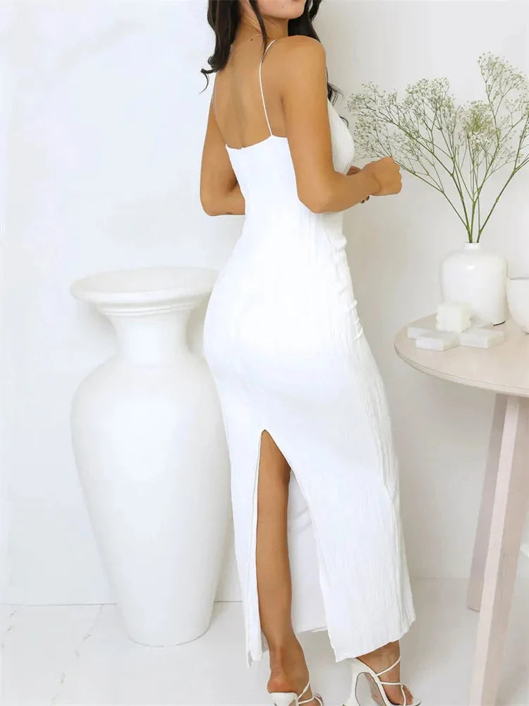 Sexy Women Long Dress Ruched Sleeveless Slim Solid Summer Party Back Split Dress Clubwear