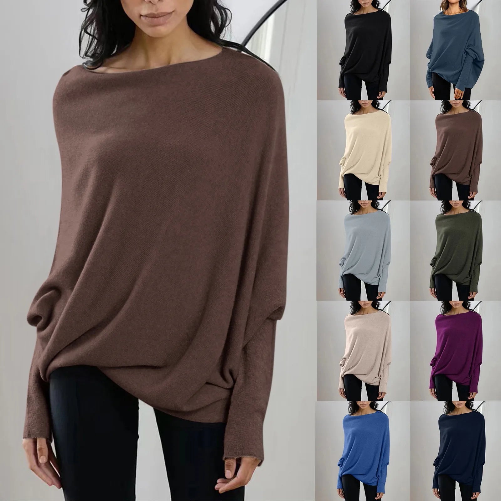 Womens Long  Sleeve Neck Tunic Tops  Fall Baggy Slouchy Pullover Sweaters Off The Shoulder Sweater