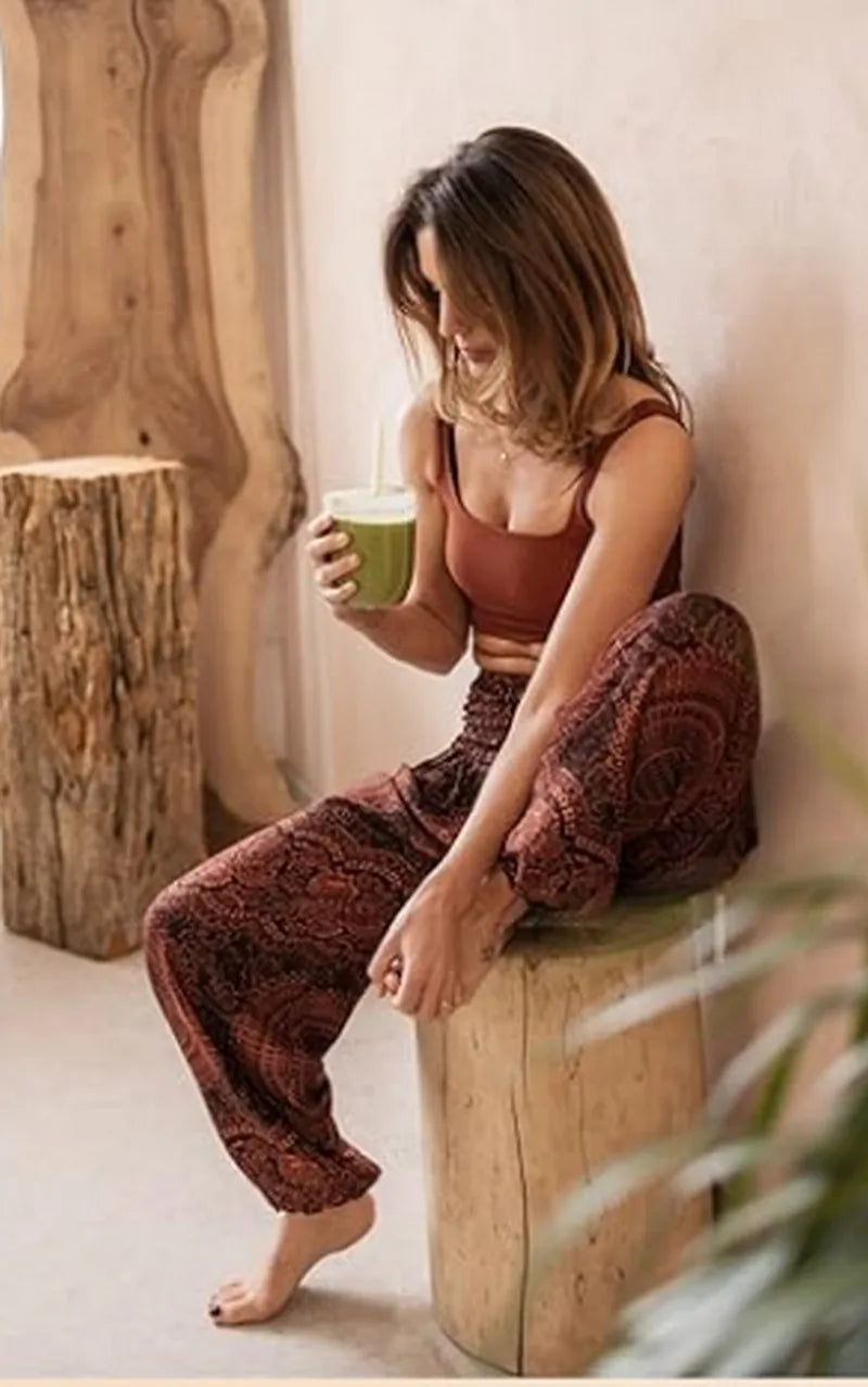 Women Yoga Boho Pants Leggings Floral Printing With Pocket Harem Bohemian High Waist  elastic waistband and ankle strapping