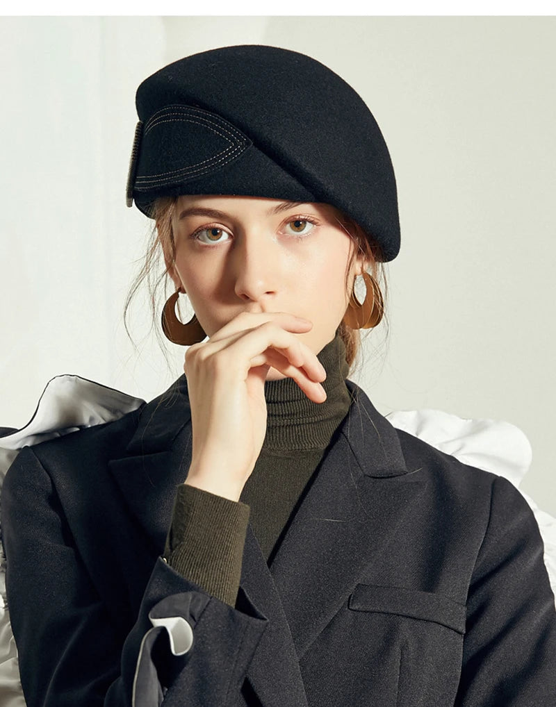 FS Vintage Women's British Wool Felt Cloche Hat – Wide Brim Fedora with Bow for 2024 Winter