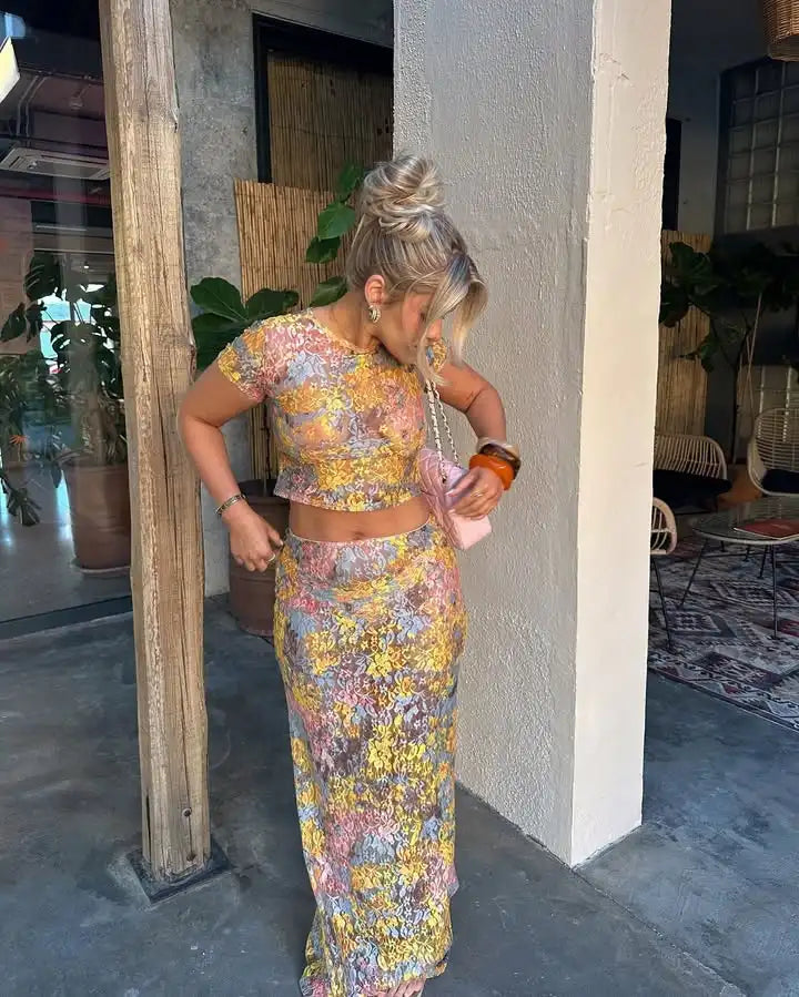 Women Chic Rainbow Lace Print Maxi Skirt Set Sexy Skinny Short Sleeved See Through Top Suit Lady Summer Ladies Party Outfit 2025