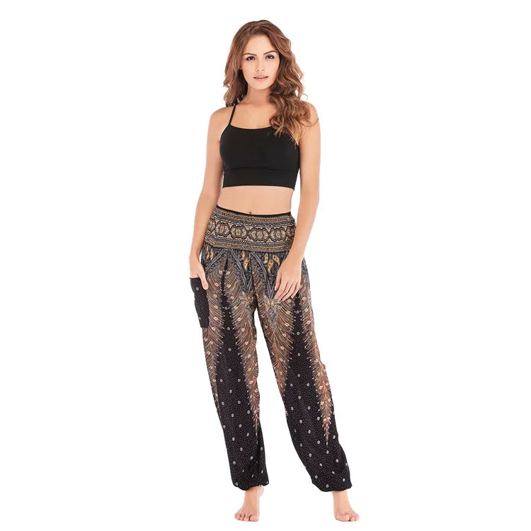 Women Yoga Boho Pants Leggings Floral Printing With Pocket Harem Bohemian High Waist  elastic waistband and ankle strapping