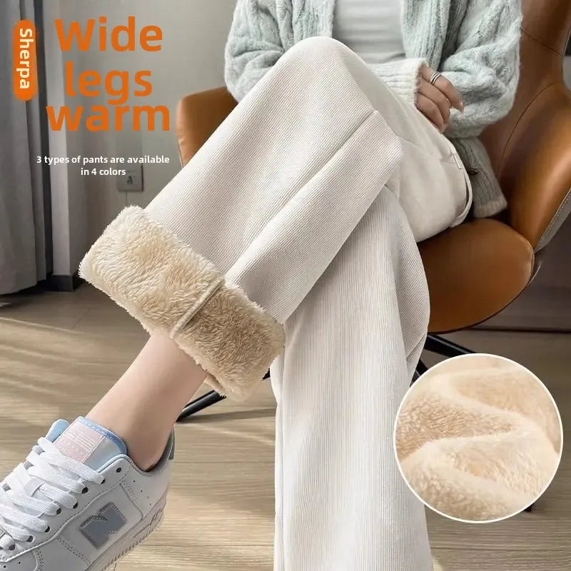 Women's Autumn/Winter Fleece-Lined High-Waisted Loose-Fit Straight-Leg Casual Pants New 2024 Model Chenille Bell Bottoms