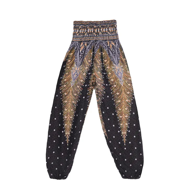 Women Yoga Boho Pants Leggings Floral Printing With Pocket Harem Bohemian High Waist  elastic waistband and ankle strapping