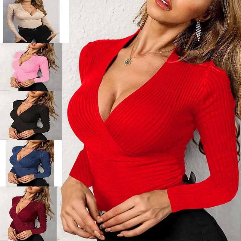 Sexy V-Collar Sweaters Knitted Pullover Women