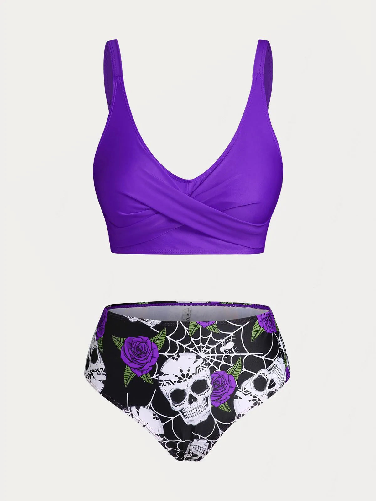 ROSEGAL Plus Size Women's Plus Size & Curve Skull Rose Print Crossover Three Piece Bikini Swimsuits