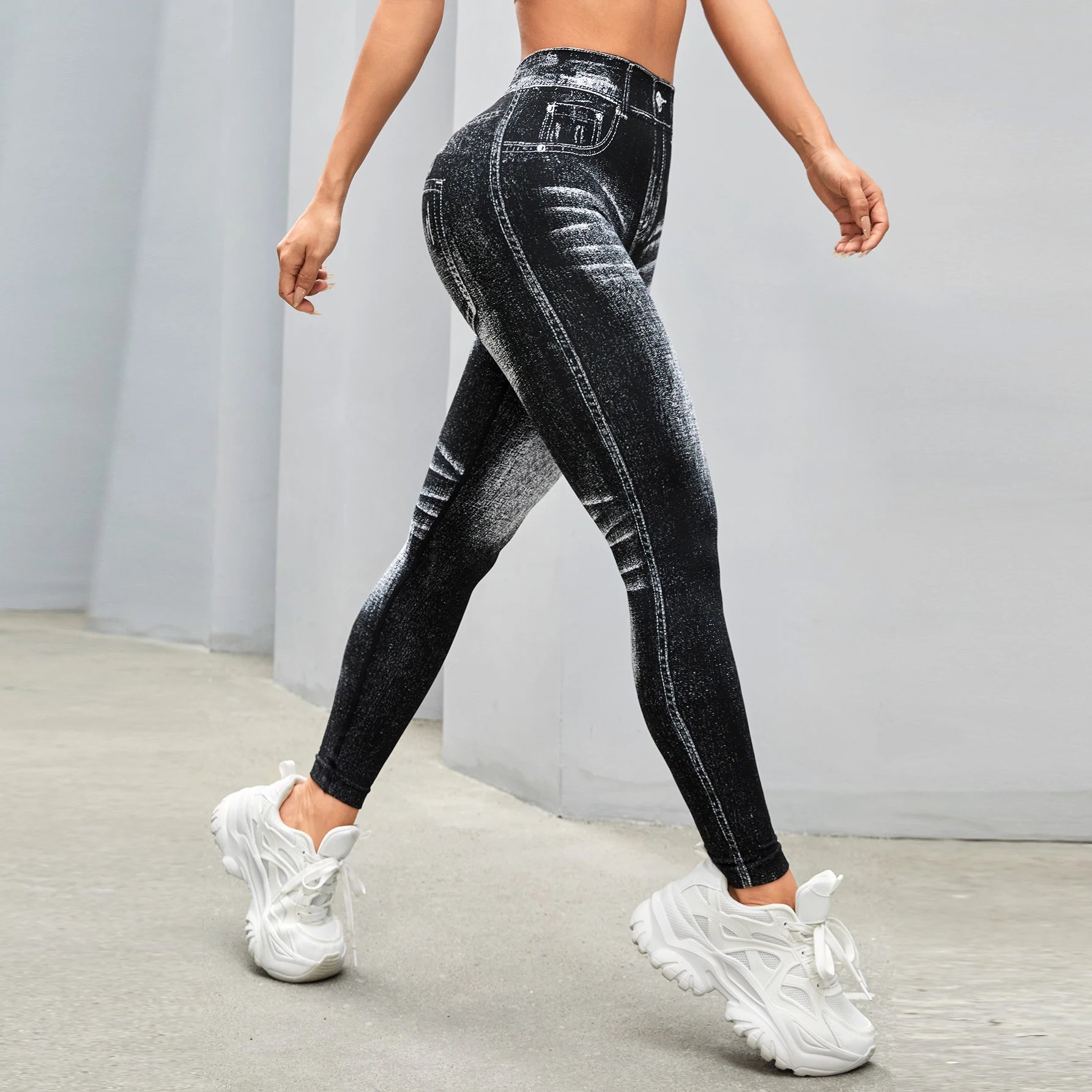 Women V Back Jean Leggings Gym Yoga Pants Casual Elastic Workout Exercise Fitness Running Fitness Tights
