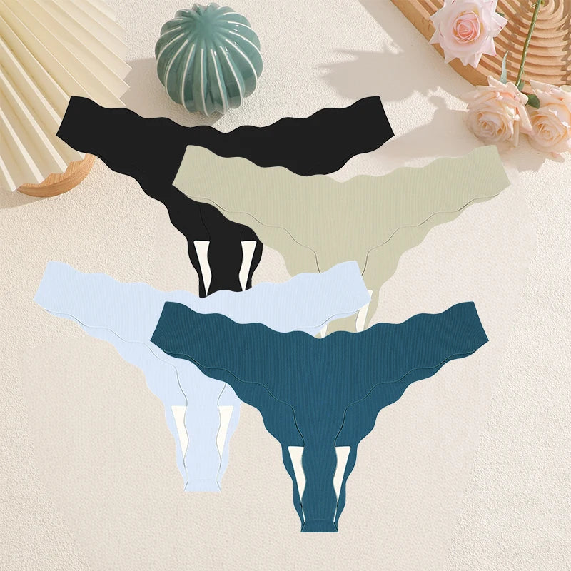 FINETOO 4Pcs Women's Sexy Panties Ice Silk Satin Seamless Thongs Fashion Seamless Panties Sexy Lingerie Lady Wavy Edge G-Strings