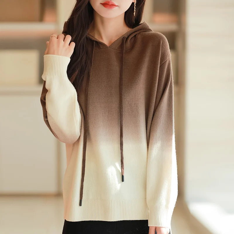 Autumn Winter Hooded Sweater Women Gradient Color Long Sleeve Top Fashion New Knit Female Pullover Warm Soft Loose Basic Jumper