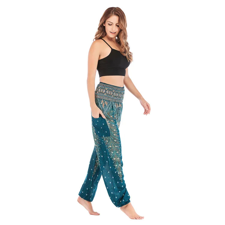 Women Yoga Boho Pants Leggings Floral Printing With Pocket Harem Bohemian High Waist  elastic waistband and ankle strapping