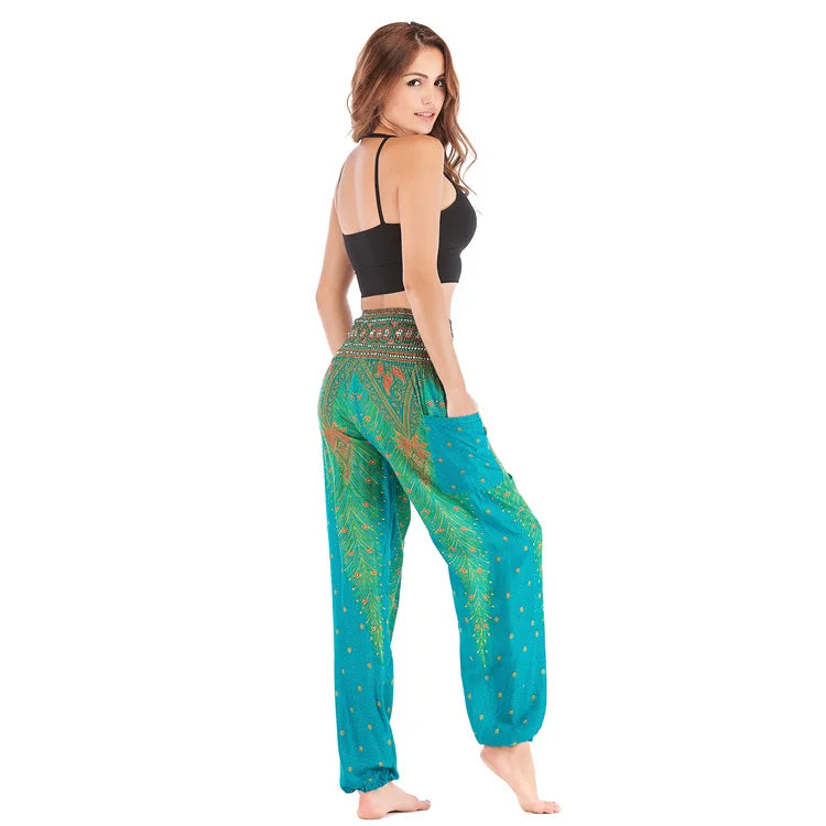 Women Yoga Boho Pants Leggings Floral Printing With Pocket Harem Bohemian High Waist  elastic waistband and ankle strapping