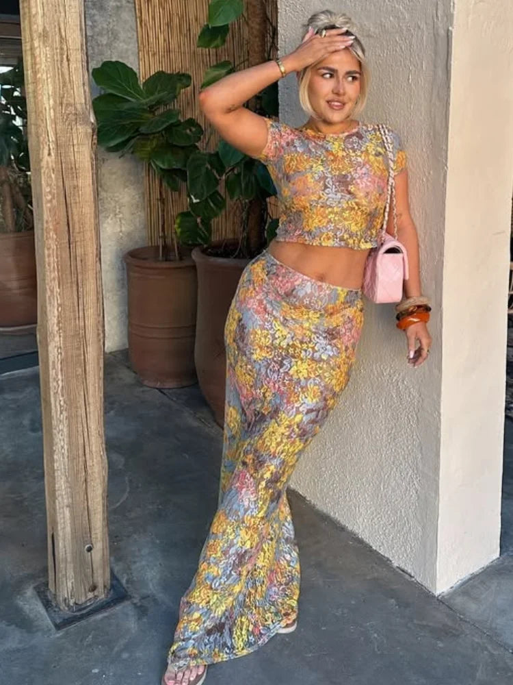 Women Chic Rainbow Lace Print Maxi Skirt Set Sexy Skinny Short Sleeved See Through Top Suit Lady Summer Ladies Party Outfit 2025
