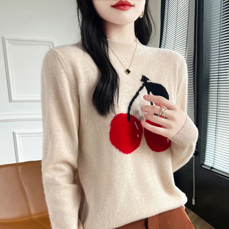 Autumn and Winter Women's Pullover Embroidered Pure Wool Knit Sweater