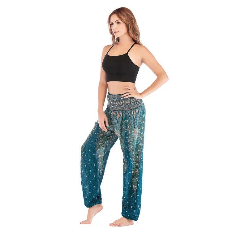 Women Yoga Boho Pants Leggings Floral Printing With Pocket Harem Bohemian High Waist  elastic waistband and ankle strapping