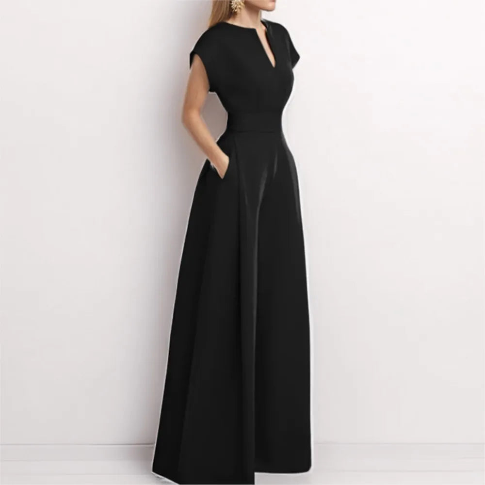 Elegant Women Long Jumpsuit 2024 Summer Wide Leg Pants Romper Casual Short Sleeve Playsuit Holiday Communting Overalls