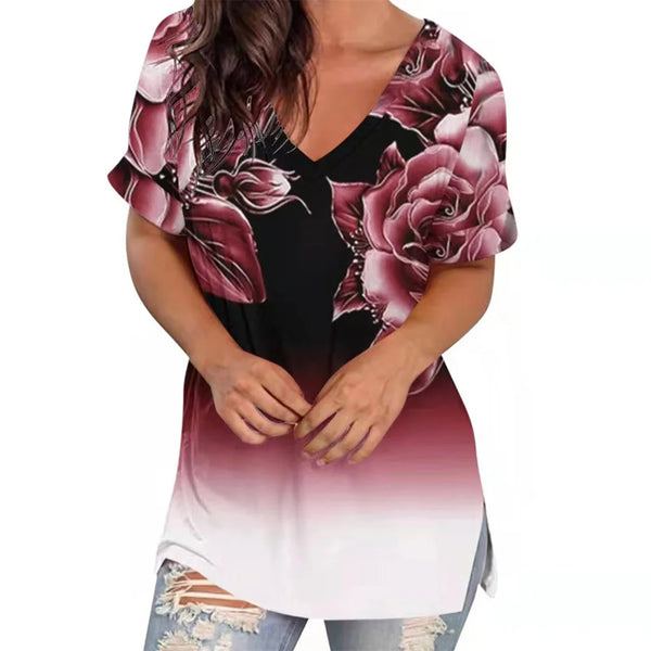 Summer Women T Shirt Stripes Print Gradient Clothing V Neck Short Sleeve Basic Tops Streetwear Fashion Oversized Girls T-shirts