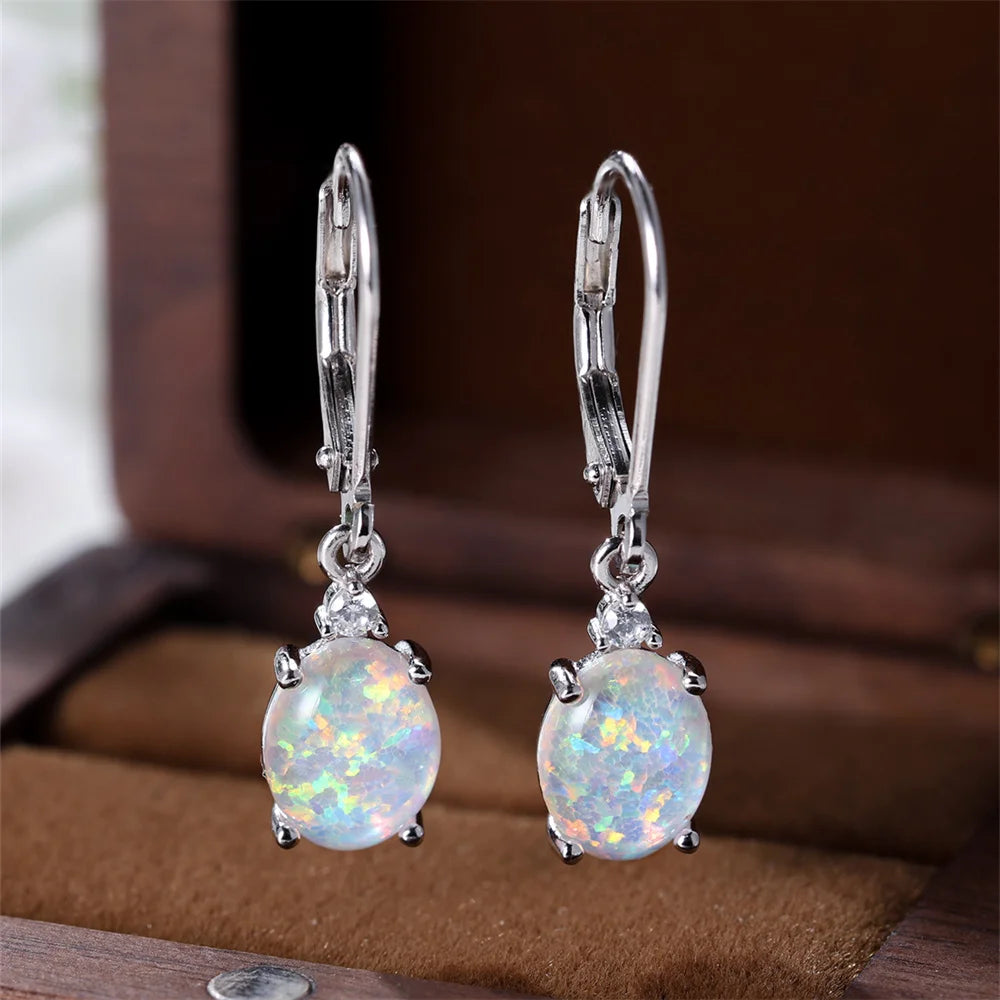 White and Blue Opal Oval Stone Hoop Earrings – Real 925 Sterling Silver Wedding Jewelry