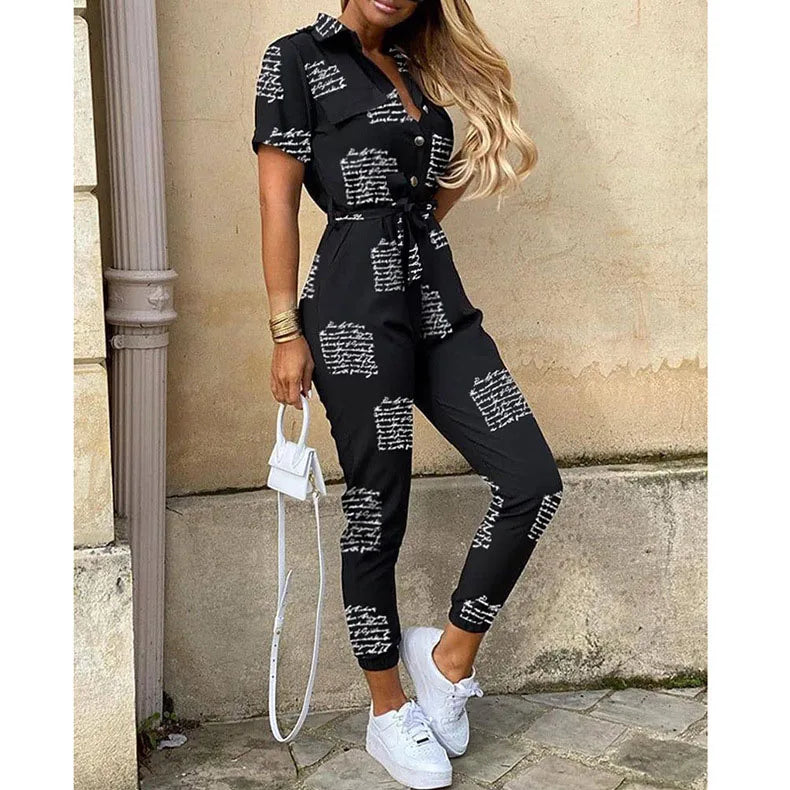 Casual Short Sleeve Jumpsuit Office Lady Spring Summer Fashion Elegant Solid Lace Up Jumpsuits For Women 2023 One Piece Rompers