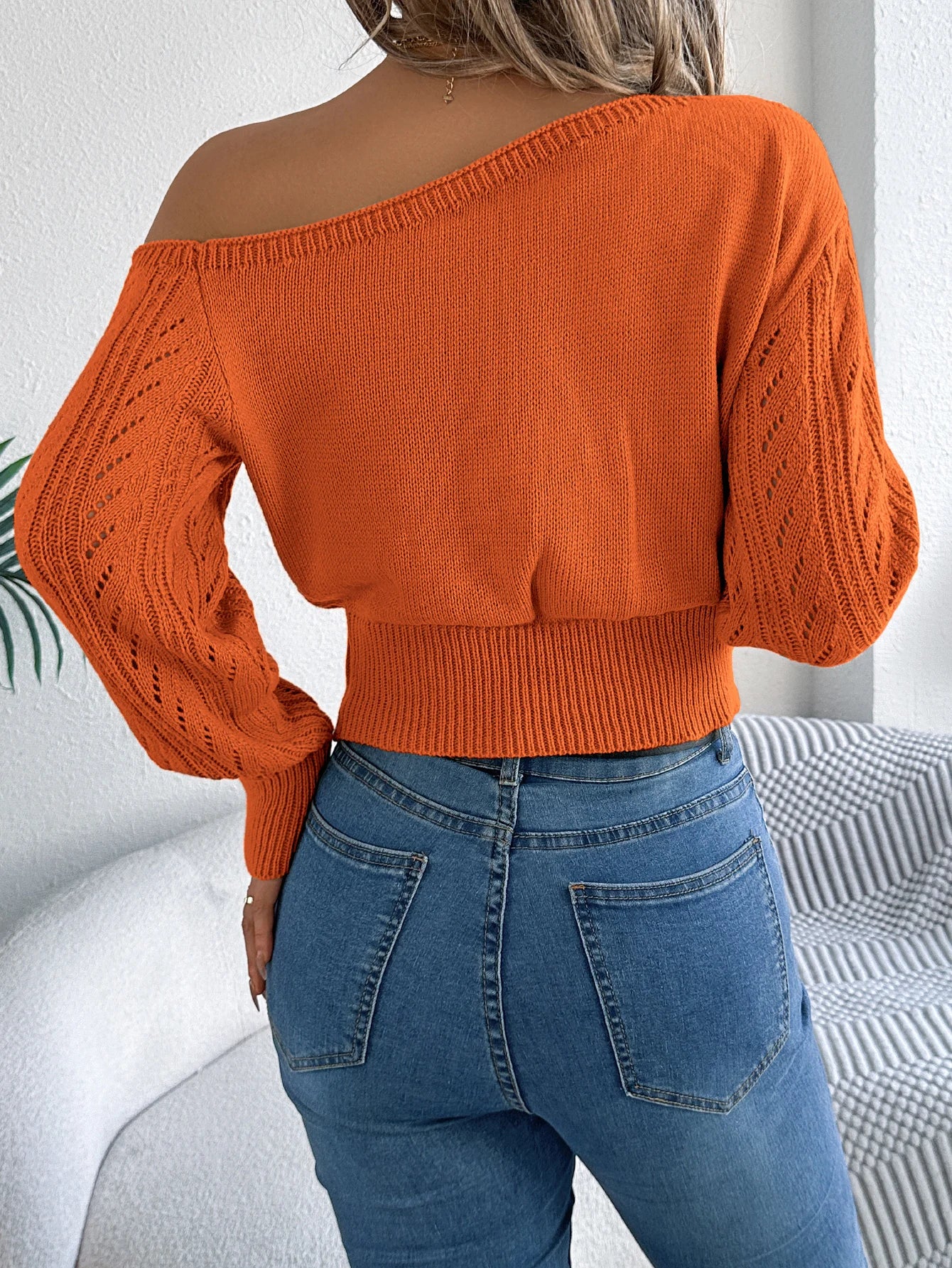 Autumn and Winter Casual Elegant Slash Neck Off shoulder Long Sleeved Knitted Pullover Sweater