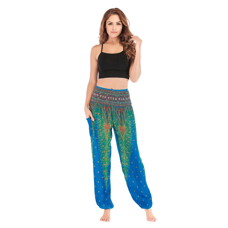 Women Yoga Boho Pants Leggings Floral Printing With Pocket Harem Bohemian High Waist  elastic waistband and ankle strapping
