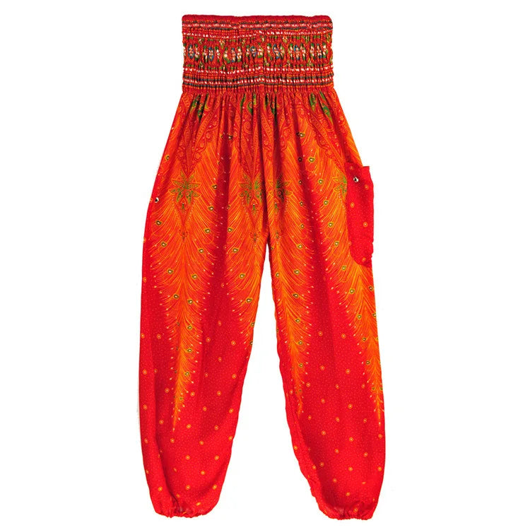 Women Yoga Boho Pants Leggings Floral Printing With Pocket Harem Bohemian High Waist  elastic waistband and ankle strapping