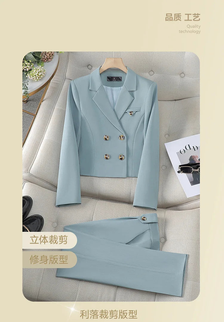 Solid Suits for Women 2024 Spring Fashion Office Ladies Long Sleeve Double Breasted Short Tops Chic Slim High Waisted Pant Suits