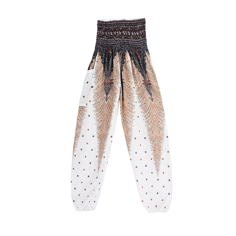 Women Yoga Boho Pants Leggings Floral Printing With Pocket Harem Bohemian High Waist  elastic waistband and ankle strapping