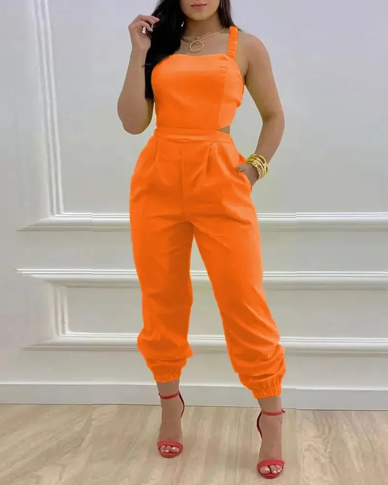 Women Printed Letter Jumpsuits Sleeveless V Neck Suspenders Backless High Waist Trousers Overall Rompers Pockets One Piece