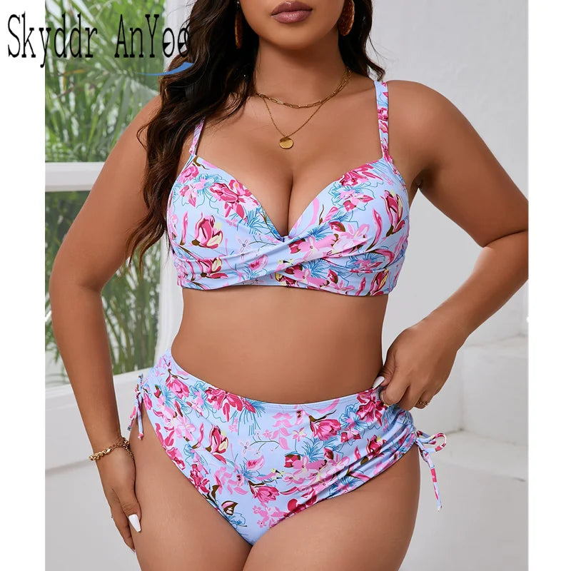 Women Plus Size Two Piece Swimsuit Bikini Sets 2025 Swimwear Floral Print Bathing Suit Drawstring New In Matching Sets