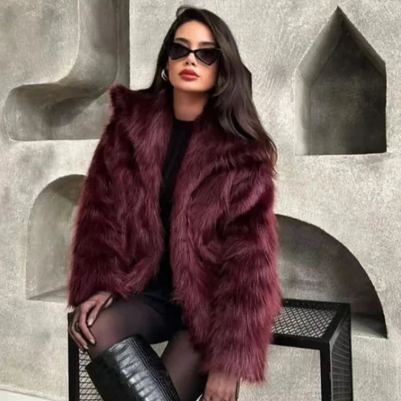 HXAO Women's Fur Coat Women 2024 Plush Burgundy Bomber Jacket