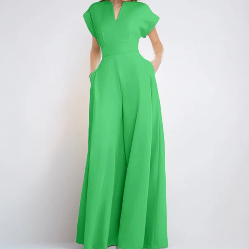 Elegant Women Long Jumpsuit 2024 Summer Wide Leg Pants Romper Casual Short Sleeve Playsuit Holiday Communting Overalls