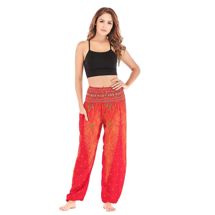 Women Yoga Boho Pants Leggings Floral Printing With Pocket Harem Bohemian High Waist  elastic waistband and ankle strapping