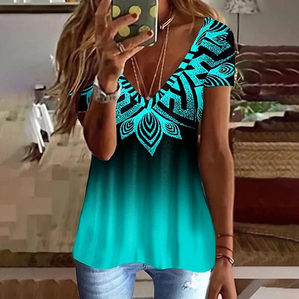 Summer Women T Shirt Stripes Print Gradient Clothing V Neck Short Sleeve Basic Tops Streetwear Fashion Oversized Girls T-shirts