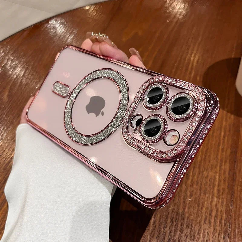 Fashion Glitter Diamond Clear Silver Phone Case For iPhone 16 15 14 13 12 11 Pro Max 15 Plus Magnetic For Magsafe Wireless Charge Cover