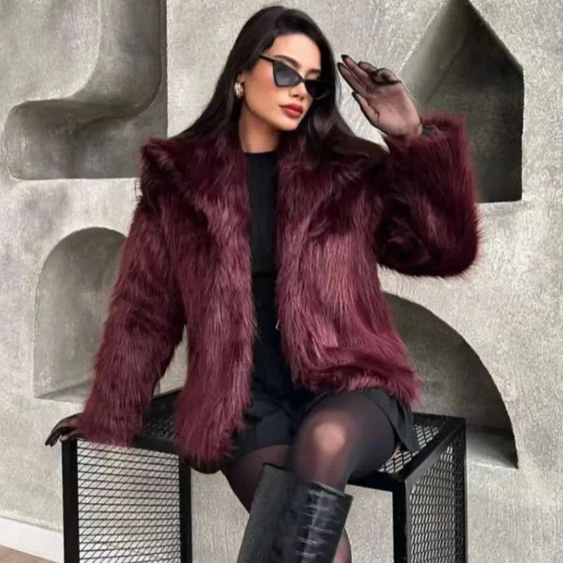 HXAO Women's Fur Coat Women 2024 Plush Burgundy Bomber Jacket