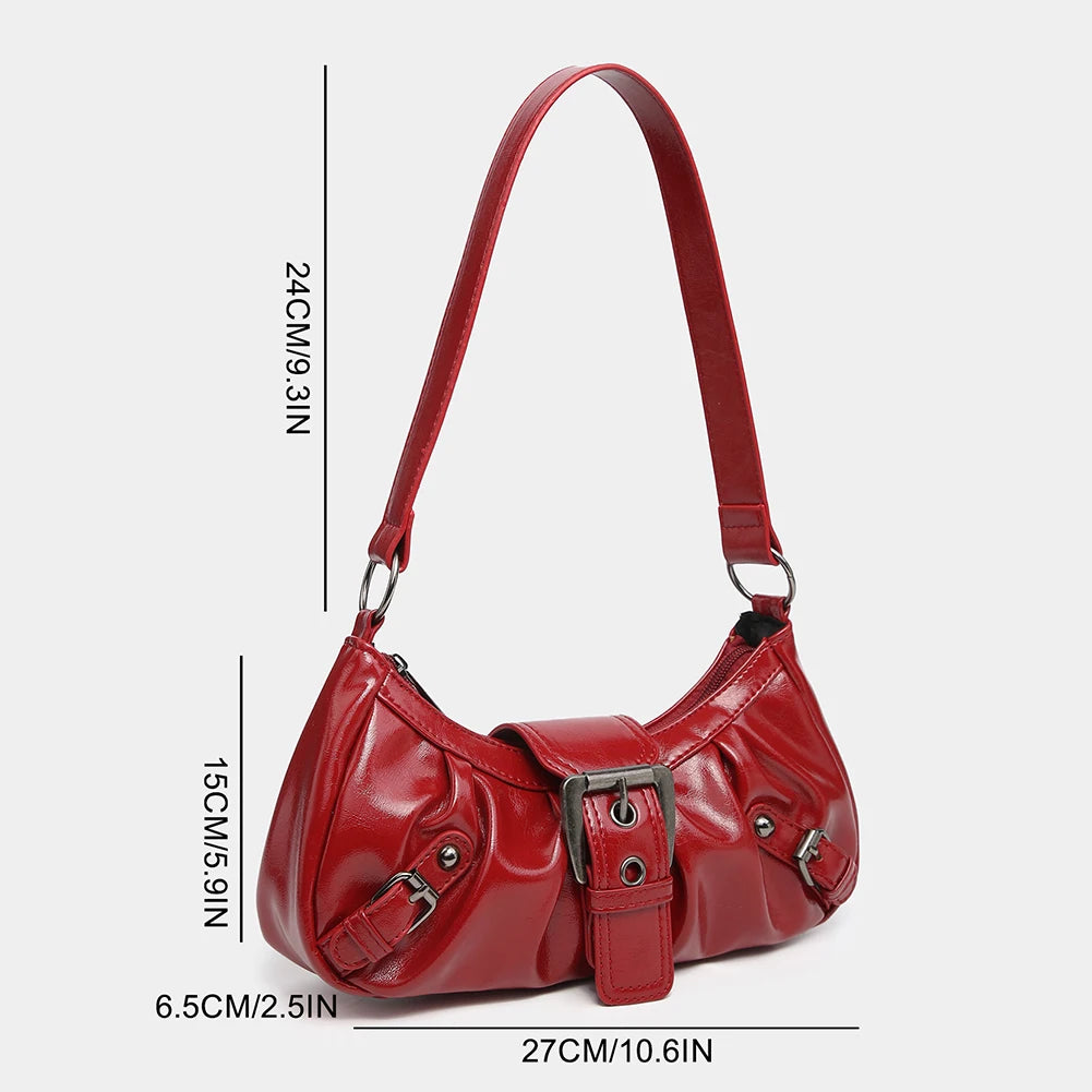 Women’s Pleated Hobo Red Shoulder Bag – Vintage Leather Y2K Style Trendy Saddle Bag